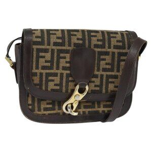 Authentic FENDI Zucca Canvas Shoulder Bag Black Brown